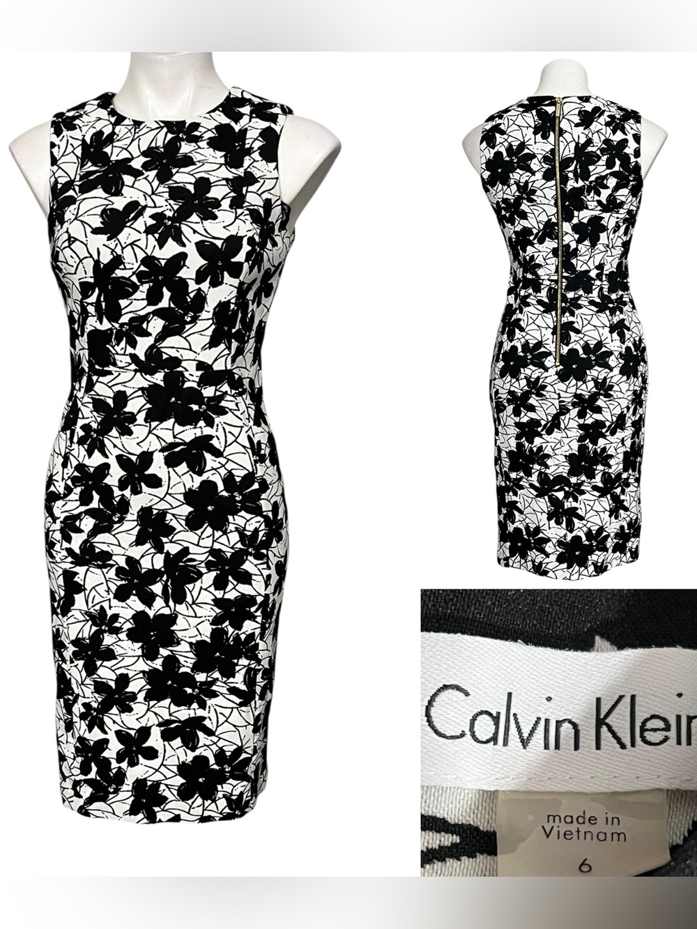 Calvin‎ Klein dress 6 Black/gray floral knit sleeveless stretch office fall